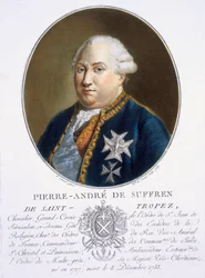 Pierre-Andre de Suffren de St Tropez, från "Porträtt av stora män, illustra kvinnor och minnesvärda ämnen i Frankrike, gravar och tryck i färger", utgiven av Pierre Blin, 1786-92, Paris (kol.
